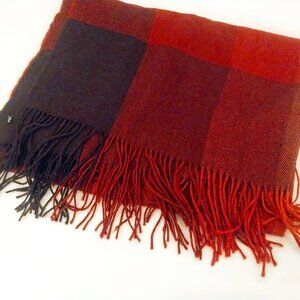 RUSTY RED AND BLACK PLAID KNIT SCARF WITH FRINGE